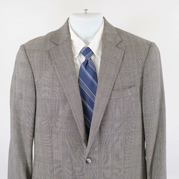 Hart Schaffner Marx Wool Black Tan Glen Plaid Blazer 38R 2 Button W/ Orange Brow